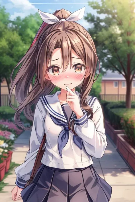 ultra-detailed,masterpiece,best quality,1girl,zuihouKC,town outdoor,school garden,tree,giving presentbox,sailor uniform.navy plits skirt,blush,shy,shiny eyes,high ponytail, <lora:add_detail:1> <lora:zuihou:0.6>