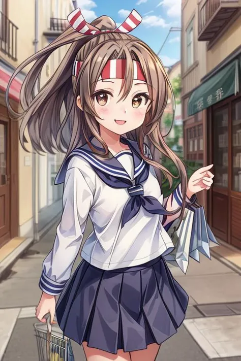 ultra-detailed,masterpiece,best quality,1girl,zuihouKC,town outdoor,street,sailor uniform.navy plits skirt,shopping,smile,shiny eyes, headband,high ponytail, <lora:add_detail:1> <lora:zuihou:0.6>