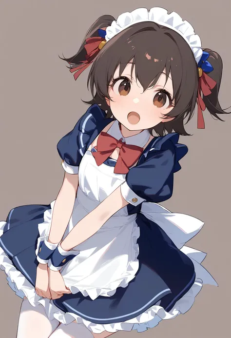 1girl,akagi miria,blue dress,blush,maid apron,maid headdress,puffy short sleeves,solo,white apron,d,frilled apron,looking at viewer,open mouth,red bowtie,red ribbon,simple background,wrist cuffs,enmaided,frilled dress,hair bow,hair ribbon,blue bow,brown ba...