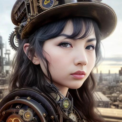 photo of kyedae-2600, (front to camera), detailed face, (aspiring facial expression), (((steampunk style close))), ((steampunk city on the background)), RAW, analog style, ultra detailed photograph, cinematic lighting, artstation, 4k, sharp focus, high res...