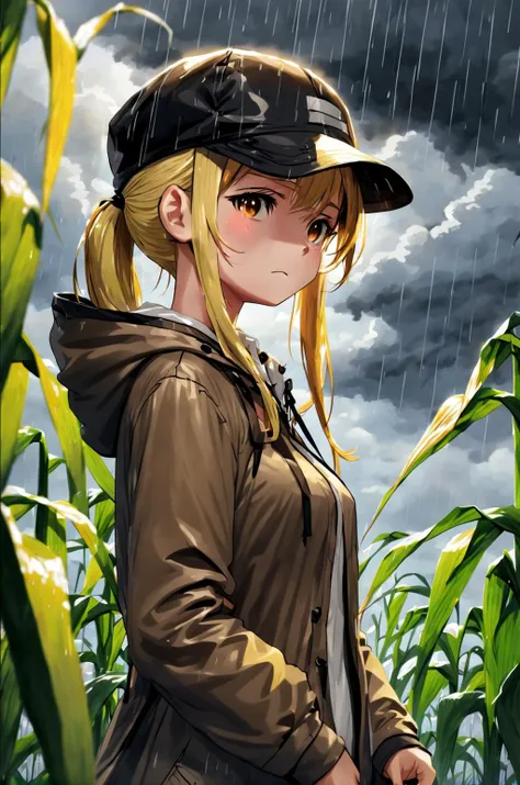 (masterpiece, best quality), 1girl, corn farm, 2d, anime,  upper body, blond ponytail with black cap hat, nervous, Dark clouds and pouring rain, brown raincoat and white shirt, looking at viewer,