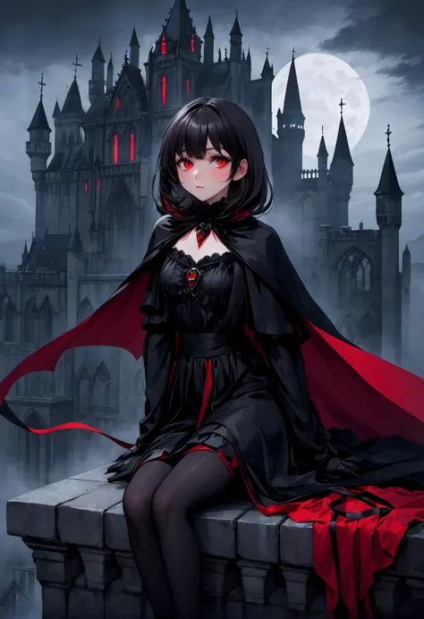 (masterpiece:1.2), (best quality, highest quality), glowing red eyes, horror (theme), 1girl, black cape, sitting at edge of a gothic castle, gothic architecture, roof of gothic architecture, dark hair, Misty night, black ribbons, foggy night ,shoulder leng...