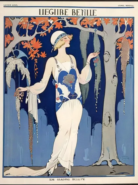 <lora:sdxl_George barbier v1.0:0.8>,best artwork of george barbier,  magazine,1920s fashion,illustration, flat illustration, 1girl, solo, dress, white dress, hat, flower, standing, long sleeves, tree, english text, blonde hair, full body, masterpiece, best...