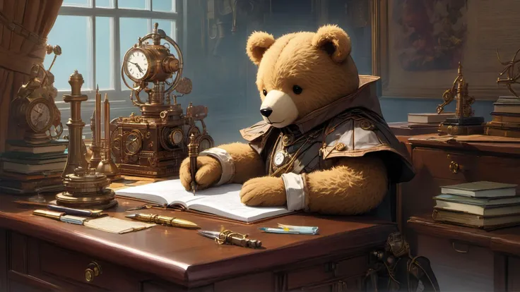 teddy bear doing mathematical homework on a desk, illustration, oil, painting, steampunk, (style of Apterus), very intricated clothes, very detailed, absuredes, sword in hand