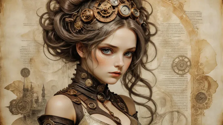 a steampunk woman, pinned hair, sad expression,.(mixed-media etching on pale old worn parchment:1.4).(fantasy, beautiful, intricate details, masterpiece, best quality:1.4),.cinematic full length shot,.monochromatic color palette,.soft volumetric lighting,....