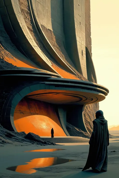 a man in a black cloak standing in front of a futuristic building