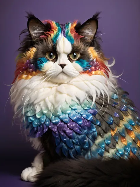 A fluffy scaleborn Persian cat with fur that seamlessly transitions into shimmering rainbow scales, batting playfully at a ball of yarn made from unravelled unicorn mane. <lora:Scaleborn_SDXL:1>  <lora:EnvyBetterHiresFixXL01:0:hr=1>