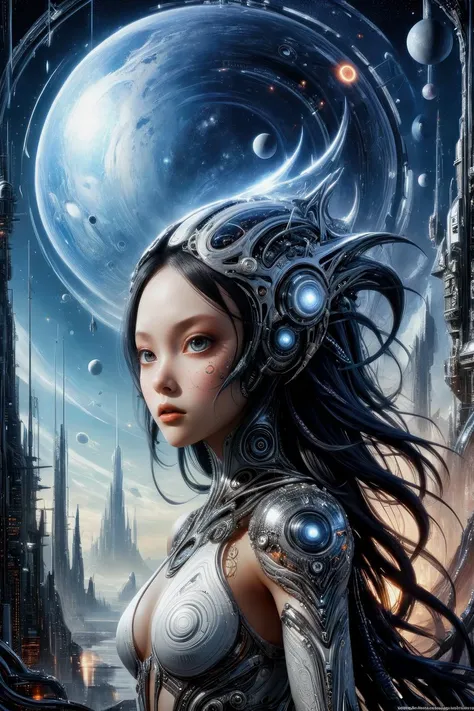 by Stephan Martiniere and Chiho Aoshima, celestial motiv, a time travelers mission to save humanity , hyper detailed, professional poster art, bold lines, award winning, trending on ArtStation , (intricate details, masterpiece, best quality:1.4), looking a...