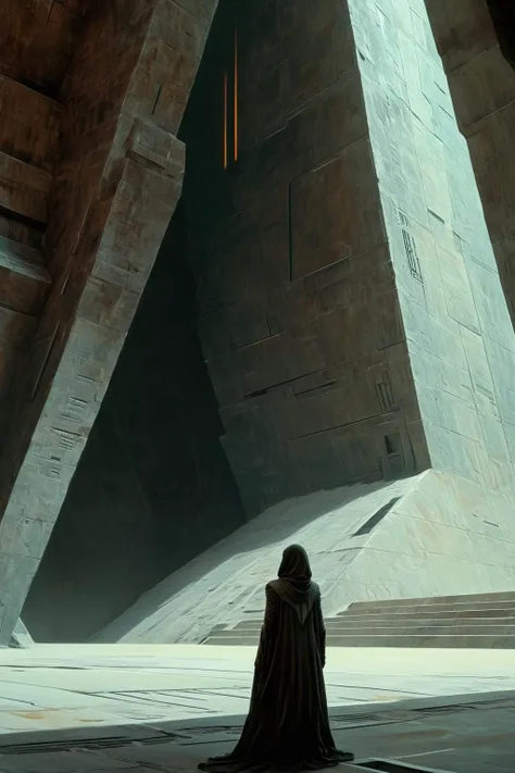 a woman in a cloak standing in a large room with a large pyramid