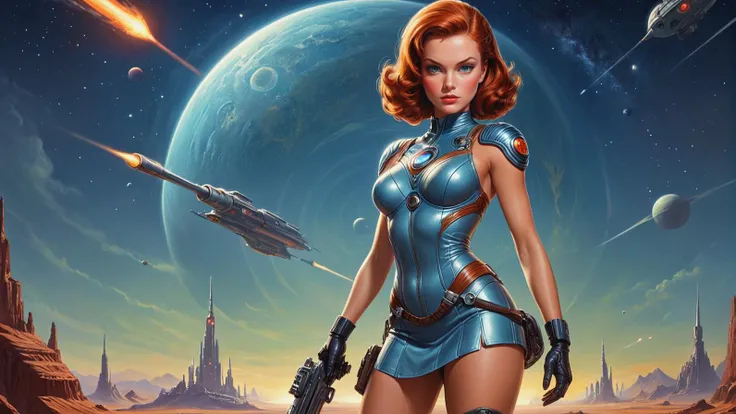 by David A. Hardy and Edward Blair Wilkins,.1950s pulp sci-fi female space cadet 1girl, defender of the galaxy, auburn hair, (short skirt:1.2), boots, holding a ray gun rifle giant gas planet background, bug-eyed monsters,.(professional poster art, bold li...