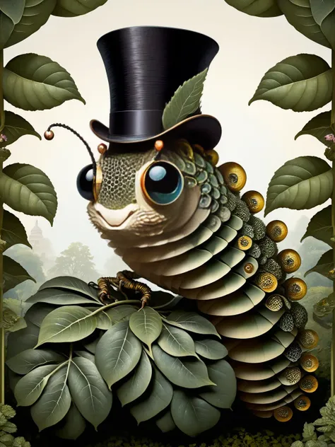 A quirky scaleborn caterpillar with a monocle and top hat, munching on hexagonal scale leaves, set against a backdrop of a stunning, intricate garden. <lora:Scaleborn_SDXL:1> , <lora:EnvyBetterHiresFixXL01:0:hr=1>