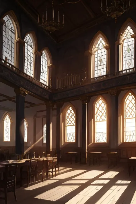 medieval fantasy tavern interior, colorful tapestries on the walls Game of Thrones Hogwarts bright morning sunlight shining in from windows Clutter-Home, (masterpiece:1.2) (best quality) (detailed) (intricate) (8k) (HDR) (wallpaper) (cinematic lighting) (s...