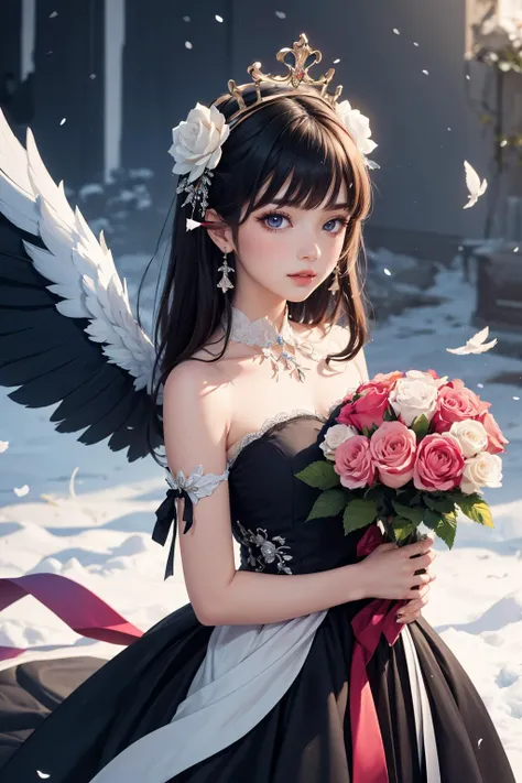 1girl,angel,angel wings,apple,asymmetrical wings,bare shoulders,berry,bird wings,black flower,black rose,black wings,blood,blue rose,bouquet,camellia,christmas,crown,defloration,dove,earrings,eyelashes,feathered wings,feathers,flower,flower ornament,fruit,...