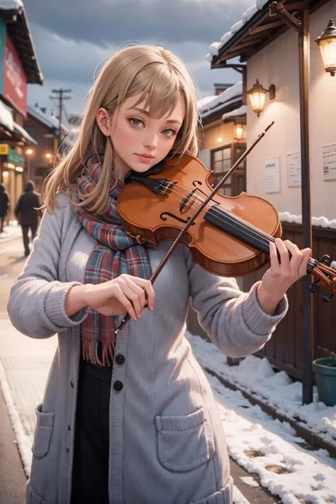 1girl, playing violin, violin, bow (music), snow, stand on street, coat, winter, scarf, snowing, golden hair, indoor,
best quality, 8k, masterpiece,
<lora:violin_v11-000008:0.6>