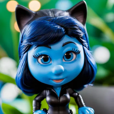 cinematic photo smurfette dressed as catwoman, dark hair, blue skin <lora:Smurfs1024-000110:0.7>  . 35mm photograph, film, bokeh, professional, 4k, highly detailed