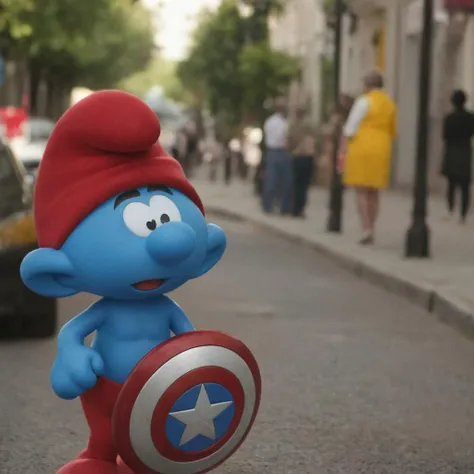 cinematic photo a smurf wears captain america suit, in a street <lora:Smurfs1024:0.7>  . 35mm photograph, film, bokeh, professional, 4k, highly detailed