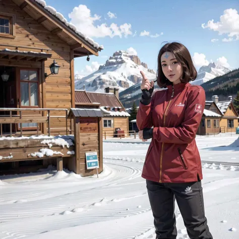 woman in red jacket standing in front of a cabin in the snow