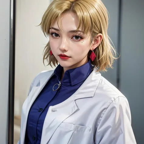 1girl, solo, <lora:ritsukoakagi_v10:0.45> akagi ritsuko, blonde hair, blue shirt, labcoat,blonde , earrings, mole under eye, mak...