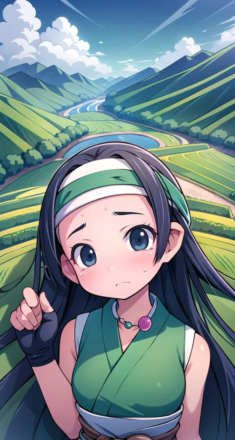 a girl with long hair and a green top is standing in front of a mountain