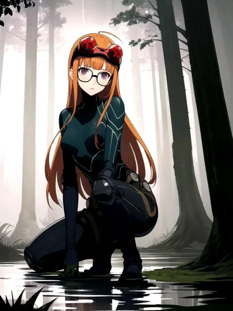 masterpiece, best quality, 1girl, solo, dsoracle, orange hair, long hair, blunt bangs, ahoge, purple eyes, glasses, bodysuit, gloves, goggles on head, belt, on one knee, Eerie Swamp,Twisted trees, stagnant water, misty and hazy atmosphere, ethereal mood
<l...