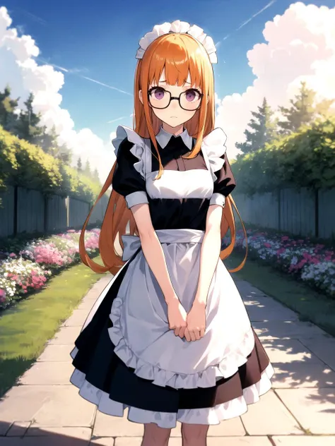 masterpiece, best quality, 1girl, solo, dsfutaba, orange hair, long hair, blunt bangs, purple eyes, glasses, maid, maid apron, maid headdress, embarrassed, enmaided, standing, outdoors, garden, flowers, sunlight, cloud, detailed background
 <lyco:dsfutaba-...