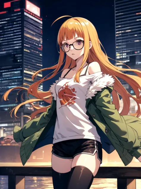 masterpiece, best quality, 1girl, solo, dsfutaba, orange hair, long hair, blunt bangs, ahoge, purple eyes, glasses, print shirt, green jacket, fur trim, off shoulder, black shorts, thighhighs, bare shoulders, standing, outdoors, ocean, skyscraper, twilight...