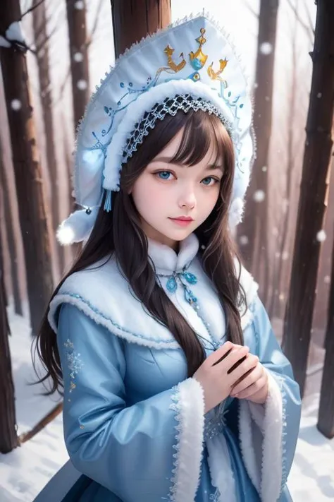 snowmaiden, snow maiden, 1girl, portrait, real photo, headdress, dress pattern <lora:Besedin-snowmaiden:0.8> snowmaiden,snow maiden