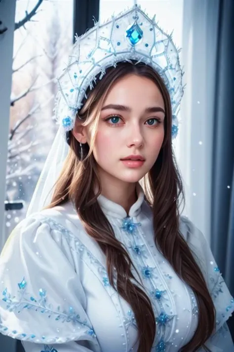 snowmaiden, snow maiden, 1girl, portrait, real photo, headdress, dress pattern <lora:Besedin-snowmaiden:0.8> 
best quality, masterpiece, illustration, an extremely delicate and beautiful, CG,unity, 8k wallpaper, Amazing, finely detail, 
masterpiece, offici...