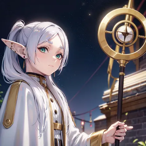 anime girl with white hair holding a pole with a clock on it