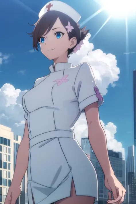 vjulif, <lora:v juli f hnu-lora-nochekaiser:1>,
v juli f, short hair, blue eyes, brown hair, flower, hair flower, smile,
BREAK hat, nurse cap, nurse, short sleeves,
BREAK outdoors, city, sun, clouds,
BREAK looking at viewer, (cowboy shot:1.5),
BREAK <lyco:...