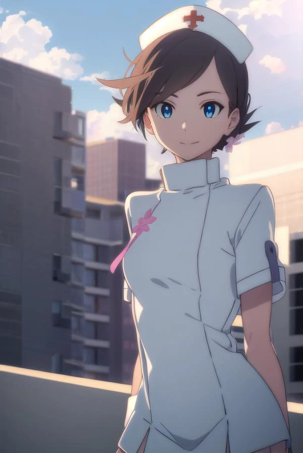 vjulif, <lora:v juli f hnu-lora-nochekaiser:1>,
v juli f, short hair, blue eyes, brown hair, flower, hair flower, smile,
BREAK hat, nurse cap, nurse, short sleeves,
BREAK outdoors, city, sun, clouds,
BREAK looking at viewer, (cowboy shot:1.5),
BREAK <lyco:...