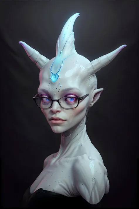 a close up of a woman with glasses and a horned head