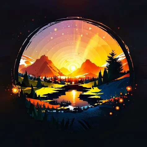 a round picture of a sunset with a lake and mountains