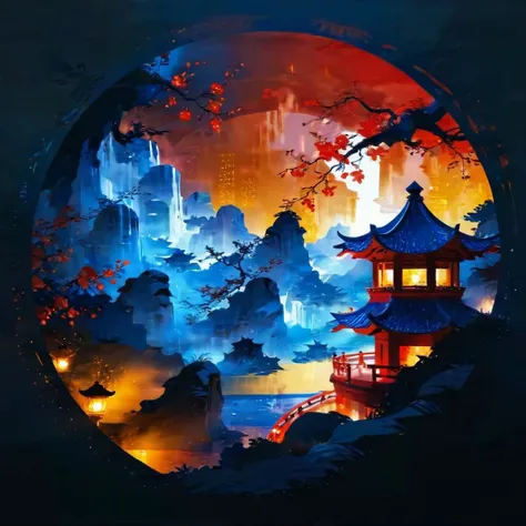 a painting of a round window with a view of a city and a pagoda