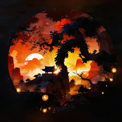 a picture of a painting of a sunset with a tree and lanterns