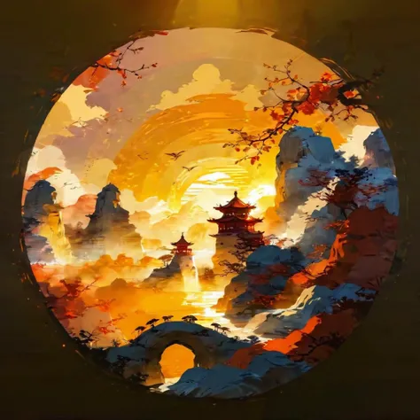 a painting of a sunset with a pagoda in the background