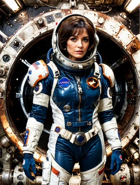 arafed woman in a space suit standing in front of a large machine