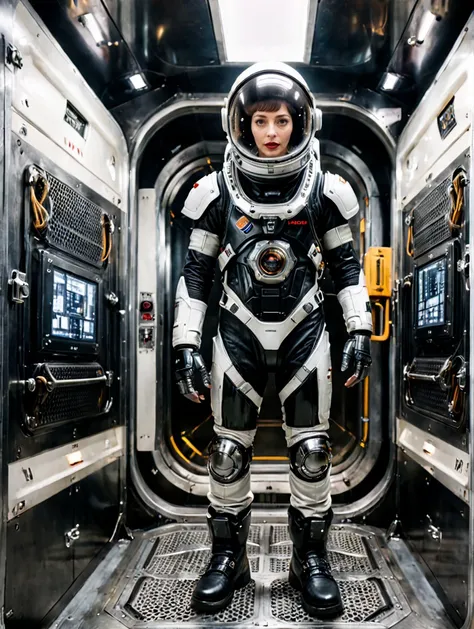 arafed woman in a space suit standing in a space station