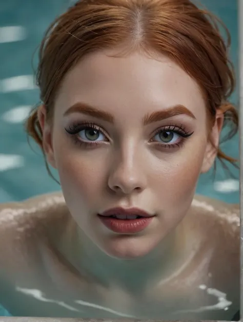 a close up of a woman with red hair in a pool