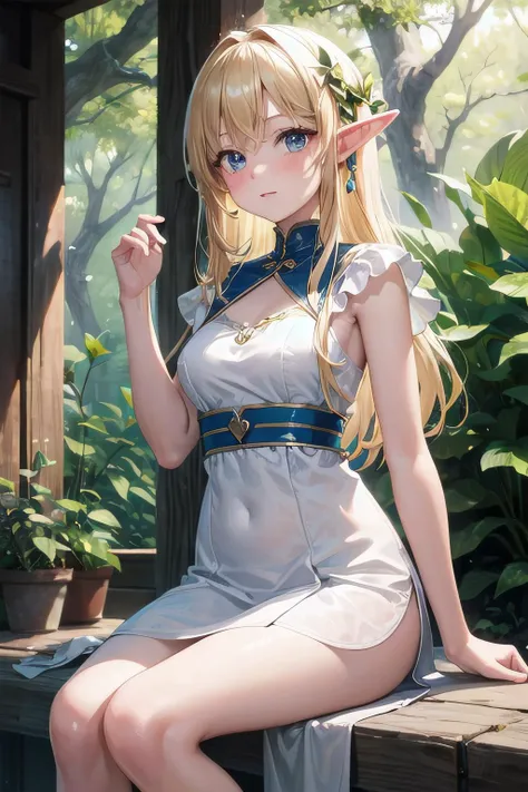 <lyco:EnvyBetterHands:1.0>, <lora:add_detail:0.3>, (masterpiece), best quality, detailed background, natural lighting, nature, 1girl, elf, blush, medium breasts, long blonde hair, white dress