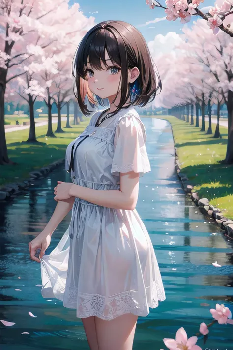 anime girl in a white dress standing in front of a river