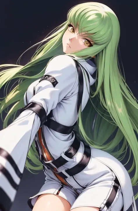 a close up of a person with long green hair and a white shirt