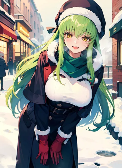 1girl, <lora:Code Geass - C.C. @ c.c.:0.7>, c.c. (large breasts:1.2), green hair, yellow eyes, standing, very long hair, (happy, giggles:1.1), winter gloves, coat, scarf, warm hat, winter hat, (warm clothes:1.1), (winter clothes:1.15), intricate details, w...