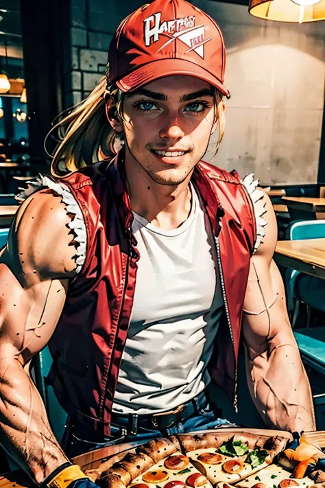 TerryBogard,red trucker cap. blonde hair, ponytail, red vest, fingerless gloves, white sleeveless t-shirt, belt, denim pants,  looking at viewer, smiling, happy, teeth,
sitting behind table, inside restaurant, table, eating a large pizza, extreme detail, m...