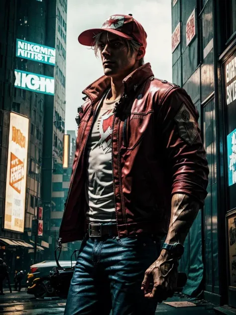 8k UHD, Photo by Nikon camera, masterpiece, (<lora:TerryBogardv2-stasis:1> terrybogard, red jacket, blue jeans, red and white hat), watching viewer, 8k unreal engine render, tech armor, technological city full of neons, action shot, detailed eyes, very viv...