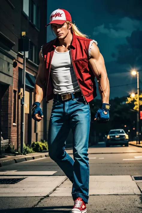 TerryBogard,red trucker cap. blonde hair, ponytail, red vest, fingerless gloves, white sleeveless t-shirt,  belt, denim pants, red sneakers, looking at viewer, serious,
walking, outside, neighborhood, dark, night, autumn, extreme detail, hdr,  <lora:TerryB...