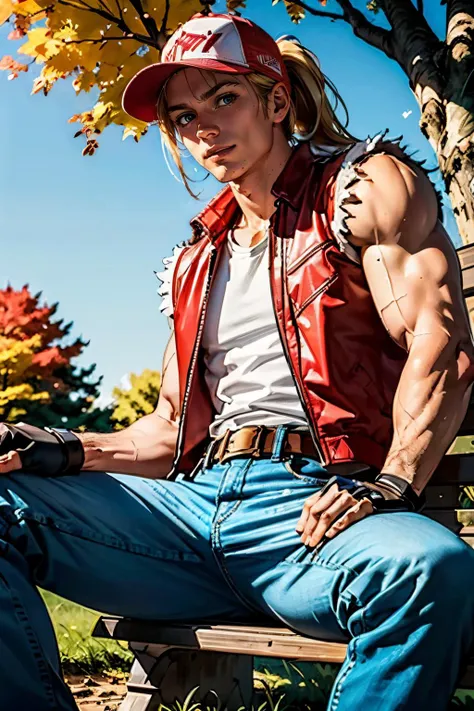 TerryBogard,red trucker cap. blonde hair, ponytail, red vest, fingerless gloves, white sleeveless t-shirt, belt, denim pants, red sneakers,  looking at viewer, serious, smug, 
sitting, on bench, spreading legs, slouching, outside, blue sky, trees, autumn, ...