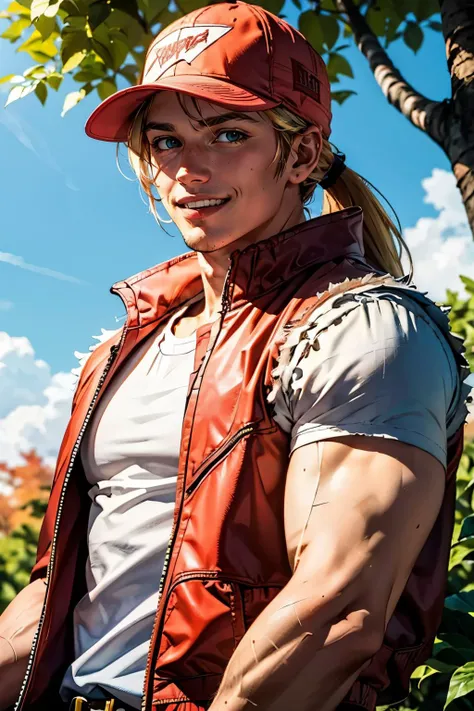 TerryBogard,red trucker cap. blonde hair, ponytail, red vest, fingerless gloves, white sleeveless t-shirt, looking at viewer, smiling, teeth, 
outside, blue sky, trees, autumn, extreme detail, masterpiece, <lora:TerryBogardv2-stasis:.7>