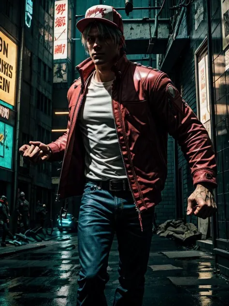 8k UHD, Photo by Nikon camera, masterpiece, (<lora:TerryBogardv2-stasis:1> terrybogard, red jacket, blue jeans, red and white hat), watching viewer, 8k unreal engine render, tech armor, technological city full of neons, action shot, detailed eyes, very viv...