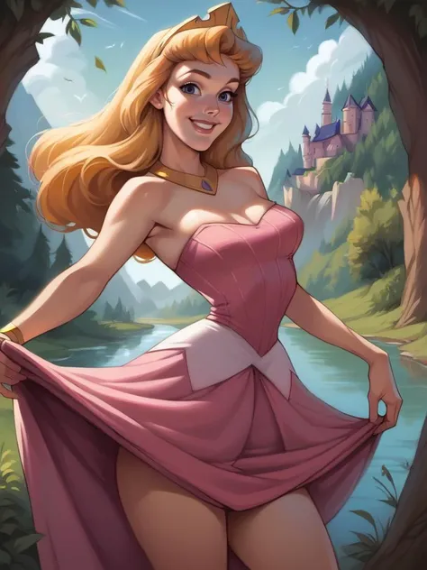 a cartoon image of a woman in a pink dress standing in front of a castle